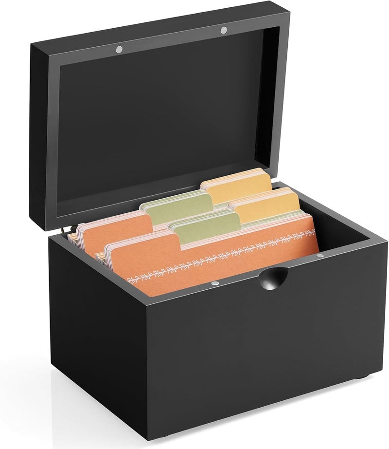 DRASTAR Index Card Holder 3x5, Wooden Index Card Organizer Box with 45 Index Card Dividers, Flashcard Notecard Holders for Home Office, Black - Image 1